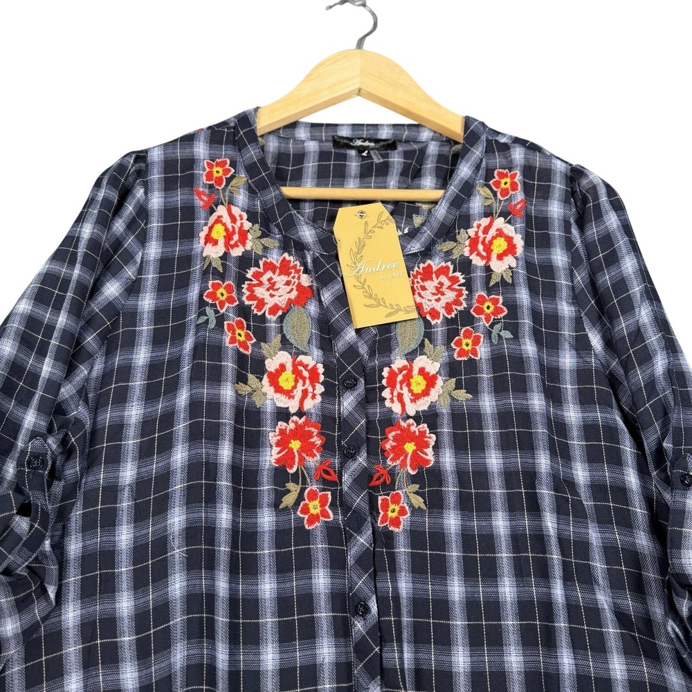 Andree By Unit Boho Embroidered Peasant Blouse Plaid Top Women's NWT